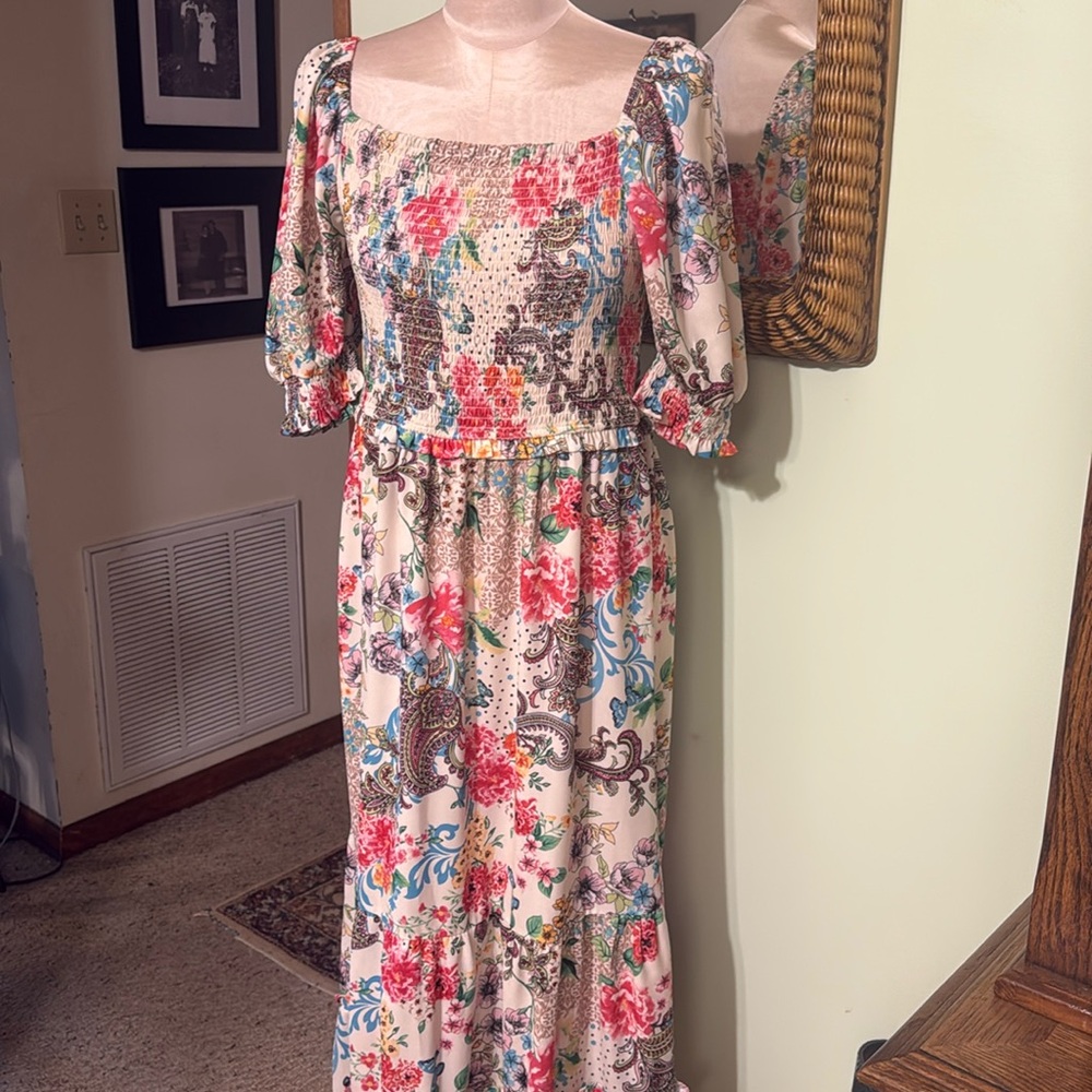 Betsey Johnson Pink and Orange Smocked Maxi Dress